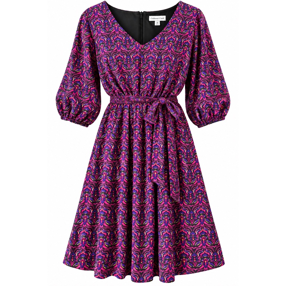Coldwater Creek Dress Womens 10 Purple Pink Floral V Neck Knee Length